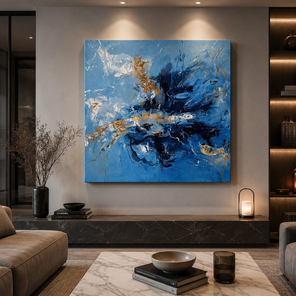 Pintura abstracta en azul cobalto y azul marino, con toques de ocre y blanco en relieve.