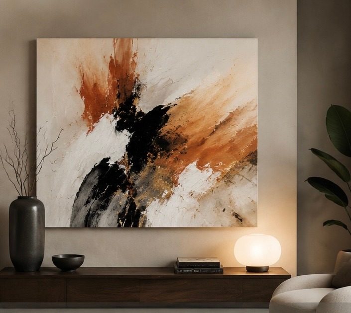 Pintura abstracta: manchas de óxido, negro y blanco en diagonal sobre fondo marfil.