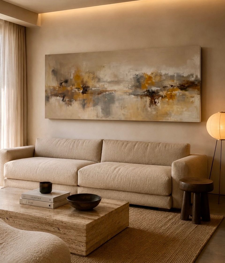 Pintura abstracta apaisada: una franja de ocre, gris y negro cruza un fondo beige.