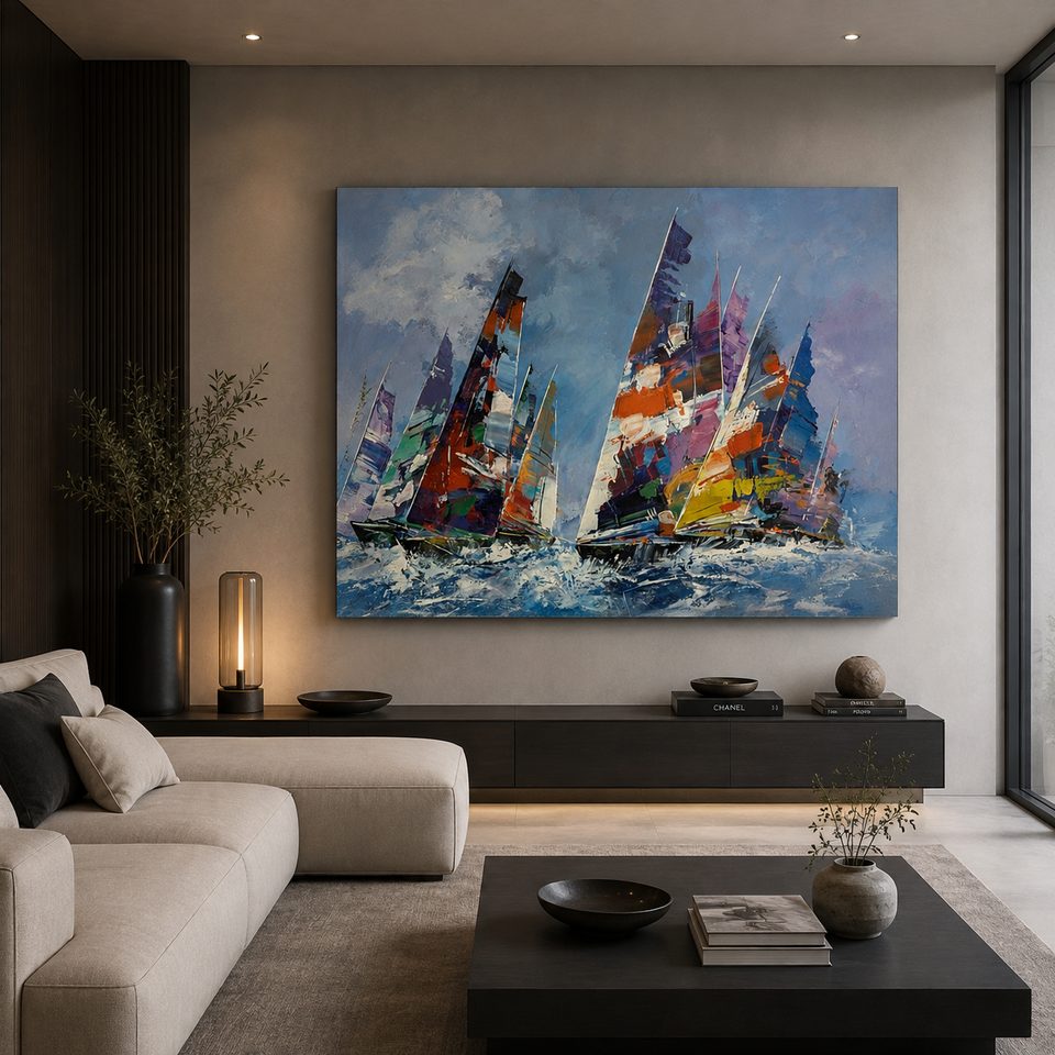 Pintura de veleros con velas multicolores sobre un mar agitado gris azulado.