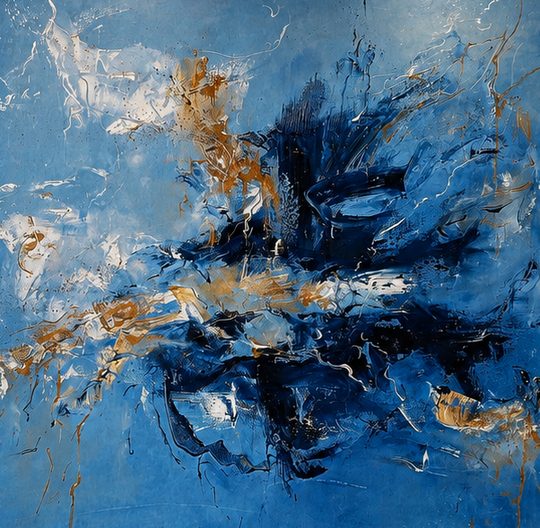 Pintura abstracta en azul cobalto y azul marino, con toques de ocre y blanco en relieve.