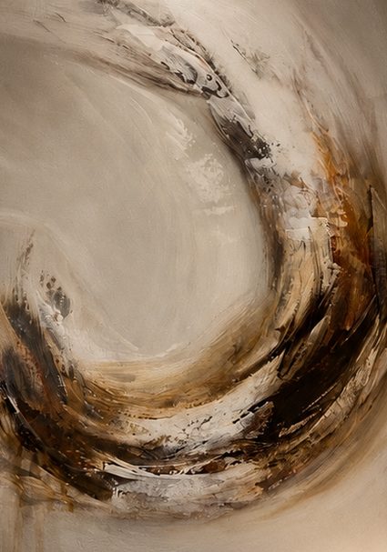 Pintura abstracta vertical: un trazo circular amplio en sepia, marrón y negro sobre fondo claro.