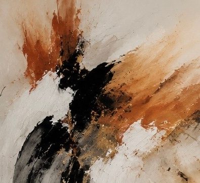 Pintura abstracta: manchas de óxido, negro y blanco en diagonal sobre fondo marfil.