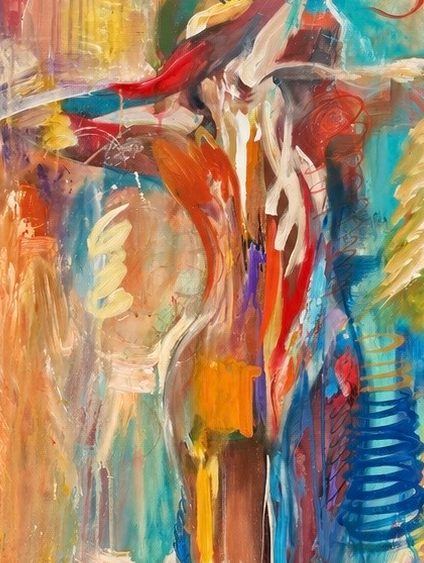 Pintura abstracta vertical de trazos en naranja, rojo, amarillo y turquesa.