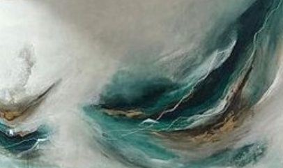 Pintura abstracta apaisada en verde petróleo y blanco, con líneas finas de ocre.