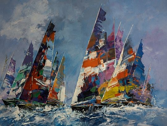 Pintura de veleros con velas multicolores sobre un mar agitado gris azulado.